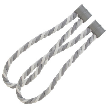 Set of 2 Magnetic Braided Cord Curtain Tiebacks Savoia Cotton Woven, Light Grey/