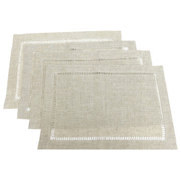 Linen Blend Hemstitch Natural Placemat Set, 4 Pack