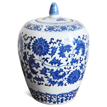 White & Blue Ceramic Jar w/Lid