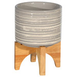 Sagebrook Home - Ceramic 5.25" Planter On Stand, Gray - A brushed pattern with texture describes this planter. Looks great with a plant or without one. The natural wood base gives an organic feel.
