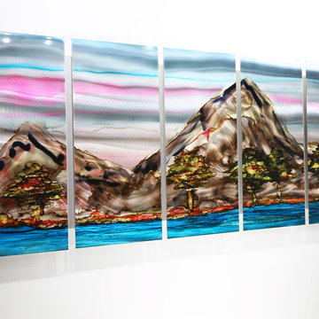 Terrain - Brown, Green, Pink & Blue Abstract Metal Painting, Unique Wall Art,
