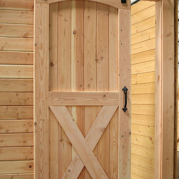 Arched Top Interior Rustic Barn Door with Crossbuck & Sliding Track Hardware