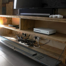 Tunni Reused Scaffolding Media Unit with Vintage Cabinet & Sheet Steel Patchwork - Storage Cabinets