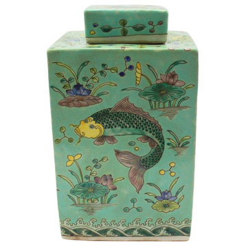 Legend of Asia Green Square Tea Jar Wish Fish Motif 1468