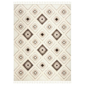 Contemporary Thick Shaggy Area Rug, Ivory/Brown Geometric Pattern, 9' X 12'