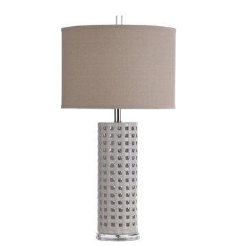 31 Inch Ceramic Basket Weave Lamp In Luxemburg Finish Natural Linen Shade