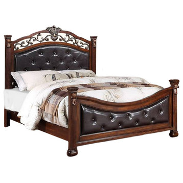 Jax Traditional Queen Size Bed, Tufted Upholstered Headboard, Cherry Brown