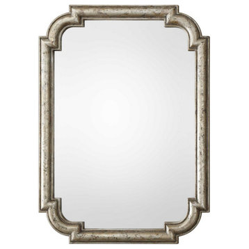 Rustic Rectangular Wall Mirror in Antiqued Silver Leaf Scalloped Corners Wood