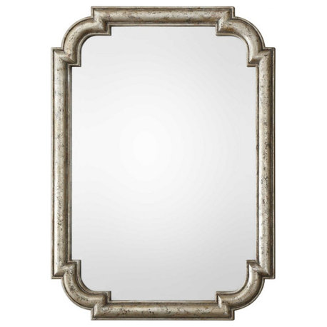 Rustic Rectangular Wall Mirror in Antiqued Silver Leaf Scalloped Corners Wood