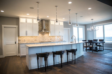 Inspiration for a mid-sized transitional galley dark wood floor open concept kitchen remodel in Minneapolis with a farmhouse sink, shaker cabinets, white cabinets, beige backsplash, ceramic backsplash, stainless steel appliances and an island