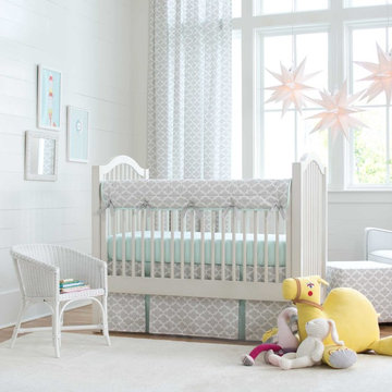 French Gray and Mint Quatrefoil Crib Bedding