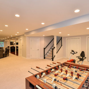 Design ideas for a large contemporary look-out basement in Chicago with grey walls, vinyl flooring, no fireplace and red floors.