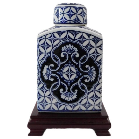 9" Blue and White Oriental Rectangular Tea Jar