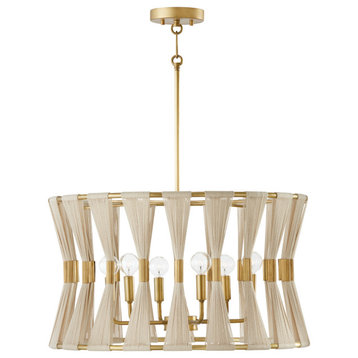 Bianca Six Light Pendant, Bleached Natural Rope and Patinaed Brass