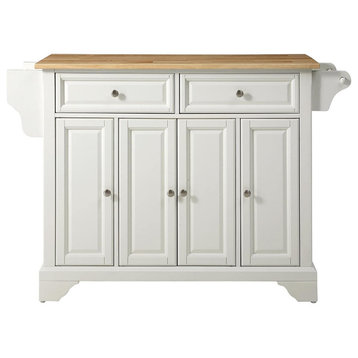 Transitional Kitchen Cart, Storage Drawers With Natural Wooden Tabletop, White