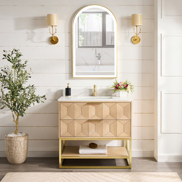 Milagro Bath Vanity With Top, Ash Grey, Brushed Gold Base, 36", With Mirror