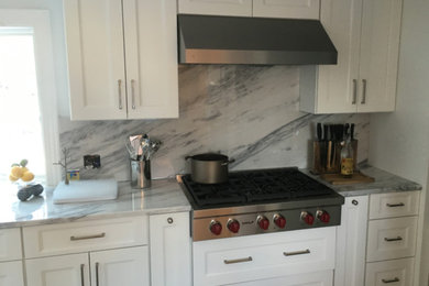 Large transitional single-wall vinyl floor and brown floor eat-in kitchen photo in New York with a farmhouse sink, recessed-panel cabinets, white cabinets, marble countertops, white backsplash, marble backsplash and stainless steel appliances