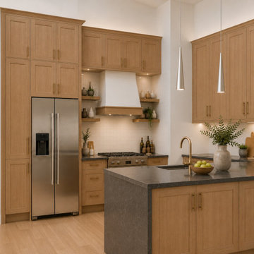 Warm Oak Kitchen Design with Shaker Cabinets and Stone Island