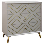StyleCraft - Lexi Three Drawer Accent Cabinet Blue Finish - A diamond-patterned brass inlay decorates the front of the Lexi accent cabinet, which has three drawers and a blue finish. The legs and hardware throughout this piece come in a brass finish to complement the geometric inlay on each drawer. This accent cabinet looks amazing in the living room or foyer, providing stylish storage to a modern home.