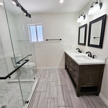 Modern Irvine Bathroom Remodel with Sleek Double Vanity & Frameless Shower