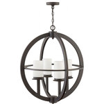 Hinkley - Hinkley 1018OZ Compass - Four Light Outdoor Medium Chandelier - Inspired by globes and navigational compasses, this clean and minimal cage design features intersecting spheres of Oil Rubbed Bronze that enclose a sleek pillar of etched opal glass. Constructed from sturdy cast aluminum, Compass maps a path to style for facades that range from traditional to contemporary.  2 Years Finish/12 Years on Electrical Wiring and Components  Canopy Included: Yes  Shade Included: Yes  Sloped Ceiling Adaptable: Yes  Canopy Diameter: 5.00Compass Four Light Outdoor Medium Chandelier Oil Rubbed Bronze Etched Opal Glass *UL: Suitable for wet locations*Energy Star Qualified: n/a  *ADA Certified: n/a  *Number of Lights: Lamp: 4-*Wattage:100w Medium Base bulb(s) *Bulb Included:No *Bulb Type:Medium Base *Finish Type:Oil Rubbed Bronze
