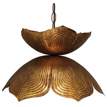 Elegant Carved Metal Lotus Flower Pendant Light 20" Dome Brass Bronze Gold