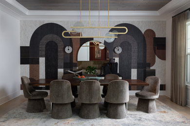 Example of a large transitional light wood floor, beige floor and wallpaper kitchen/dining room combo design in Tampa