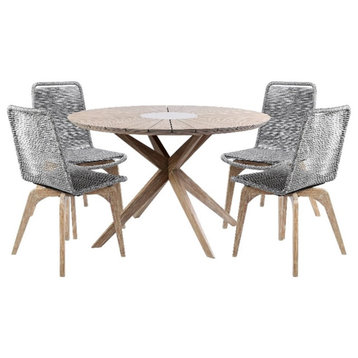 Armen Living Sachi 5-Piece Wood/Rope Outdoor Dining Set in Light Brown/Gray