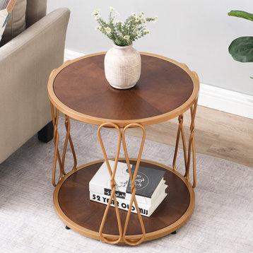 Farmhouse Gold Metal-Top and Round Side Tables and End Tables, Brown, 22"