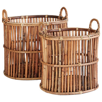 Set 2 Large Round Rustic Bamboo Storage Baskets Round Planter Cachepot 22 19 in