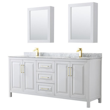 Daria 80" Double Vanity, White, Top, Medicine Cabinets, Brushed Gold Trim