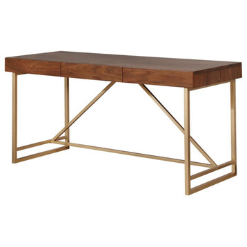 Modern Style Wooden Writing Desk With Unique Metal Legs Walnut Brown And Gold