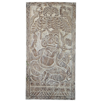 Consigned Vintage Fluting Ganesha Wall Sculpture, Whitewash Indian Art Panel