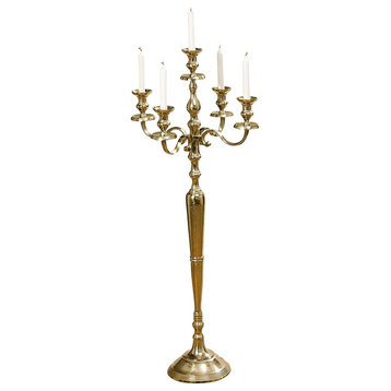 Tall Five Candle Arm Gold Metal Candelabra, 47.25"