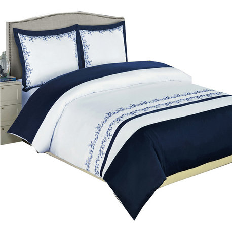 Amalia Cotton Embroidered Duvet Cover Set, Navy and White, King/Cal King