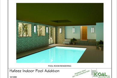 Modelo de casa de la piscina y piscina natural actual de tamaño medio interior y rectangular con suelo de baldosas