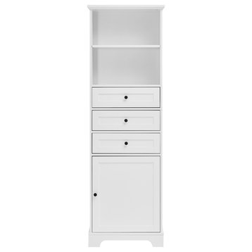 68" Tall Freestanding Bath Cabinet, 3 Drawers and Adjustable Shelves, White