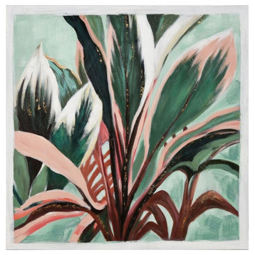 Framed Philodendron Pink Princess Plant Acrylic Painting on Canvas for Eclectic