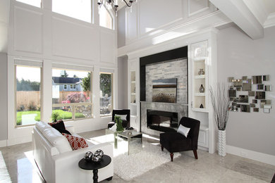 Photo of a large transitional formal open concept living room in Vancouver with grey walls, porcelain floors, a standard fireplace, a stone fireplace surround and no tv.