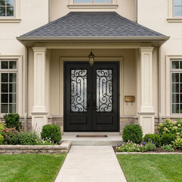 Traditional Black Iron Double Entry Door with Decorative Glass for Elegant Luxur