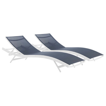 Glimpse Outdoor Patio Mesh Chaise Lounge Set of 2 White Navy