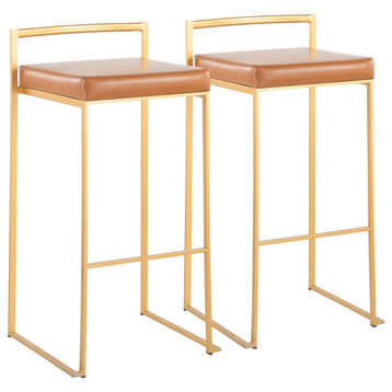 Fuji Stackable Stool, Gold With Camel Faux Leather, Set of 2, Bar Stool