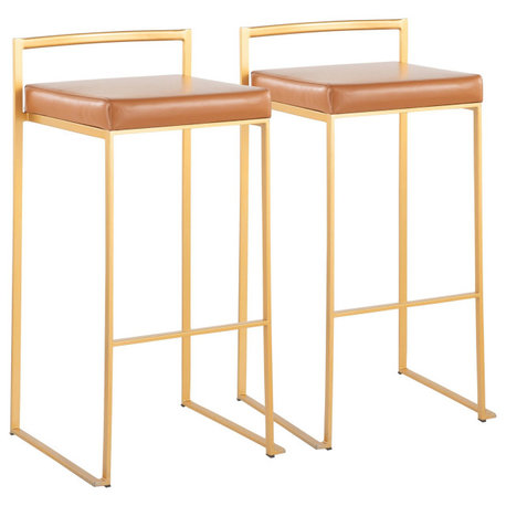 Fuji Stackable Stool, Gold With Camel Faux Leather, Set of 2, Bar Stool