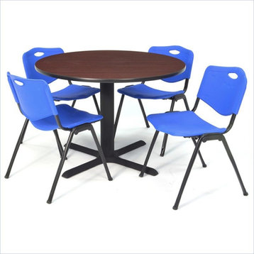 Cain 48" Round Breakroom Table, Mahogany and 4 'M' Stack Chairs, Blue