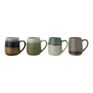 Large Multicolor Stoneware Mugs with Ribbed Sides (Set of 4 Colors ...