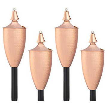 Large Elegant Tiki Style Torch With Pole and Snuffer, Hammered Copper, 4 Pack