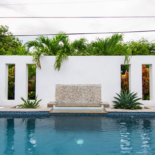 マイアミの中サイズの長方形トロピカルスタイルのおしゃれな裏庭プール (噴水、デッキ材舗装) の写真