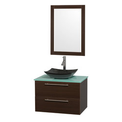 30 inch Single Bathroom Vanity in Espresso, Green Glass Top, Arista Black Granit - Bathroom Vanities And Sink Consoles