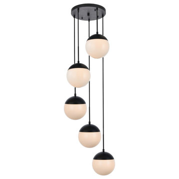 Midcentury Modern Black And Frosted White 5-Light Pendant