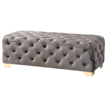 Kimberly Luxe Velvet Upholstered Gold Button Tufted Bench Ottoman, Gray